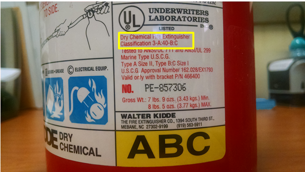 fire extinguisher with size ratings on the label. 